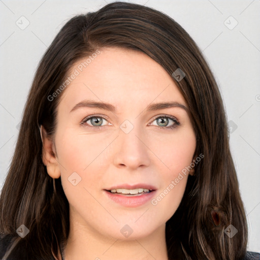 Joyful white young-adult female with long  brown hair and grey eyes