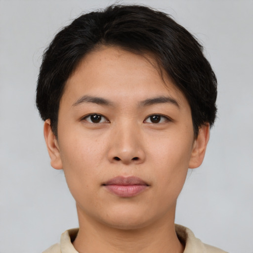 Neutral asian young-adult female with short  brown hair and brown eyes