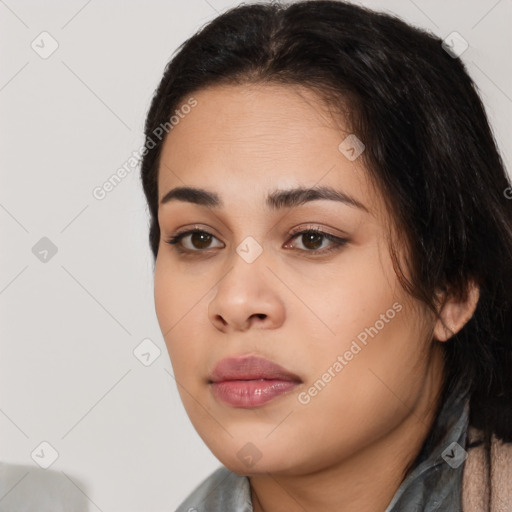 Joyful white young-adult female with medium  black hair and brown eyes