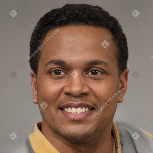 Joyful latino young-adult male with short  brown hair and brown eyes