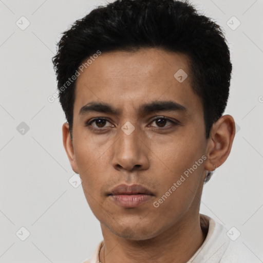 Neutral asian young-adult male with short  black hair and brown eyes