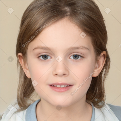 Joyful white child female with medium  brown hair and brown eyes