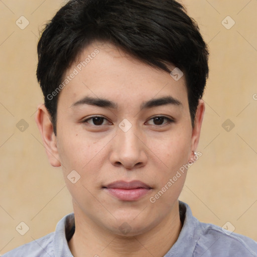 Joyful asian young-adult male with short  black hair and brown eyes