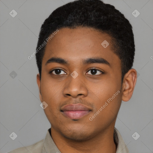 Neutral black young-adult male with short  black hair and brown eyes