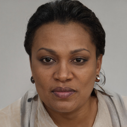 Joyful black adult female with short  black hair and brown eyes