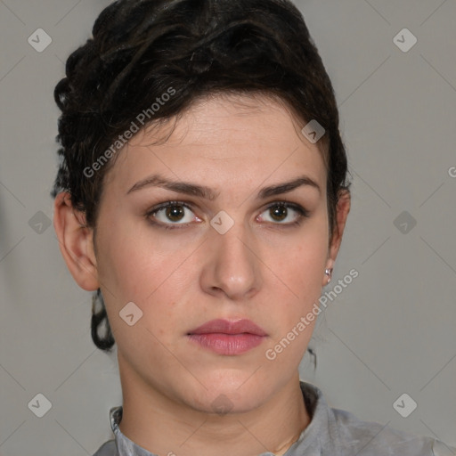 Neutral white young-adult female with short  brown hair and brown eyes