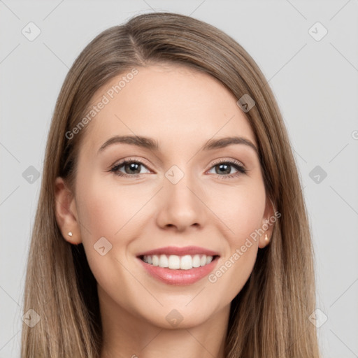 Joyful white young-adult female with long  brown hair and grey eyes