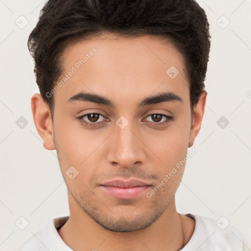 Neutral white young-adult male with short  brown hair and brown eyes