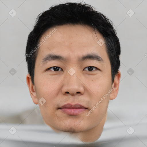 Neutral asian young-adult male with short  black hair and brown eyes