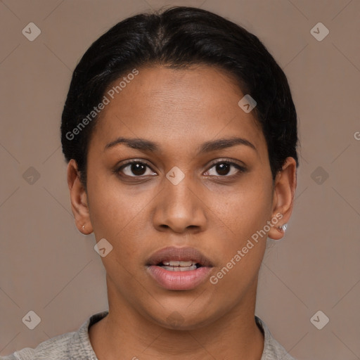 Neutral black young-adult female with short  brown hair and brown eyes