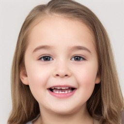 Joyful white child female with long  brown hair and brown eyes