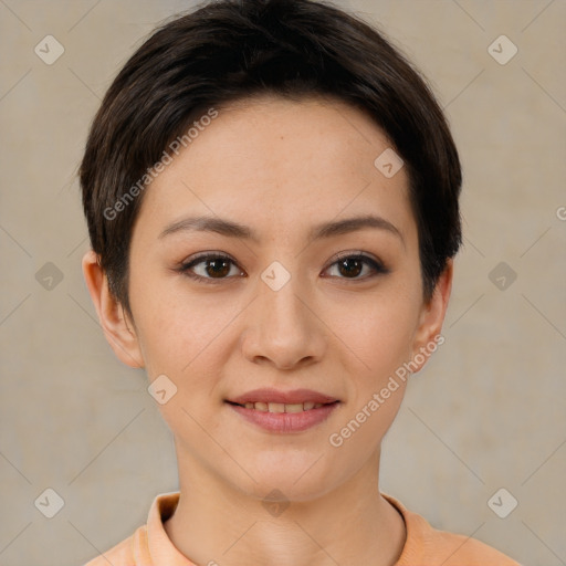 Joyful white young-adult female with short  brown hair and brown eyes