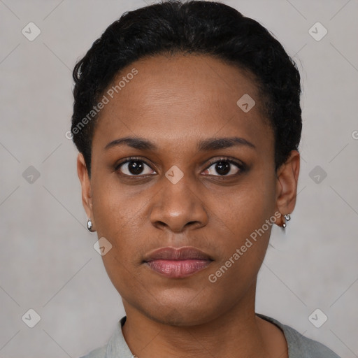 Neutral black young-adult female with short  black hair and brown eyes
