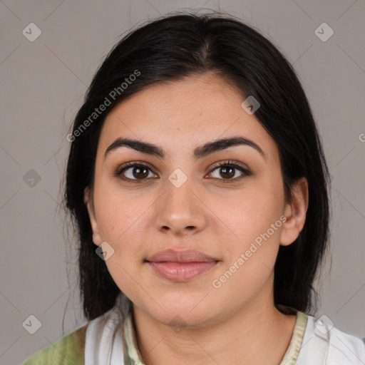 Joyful white young-adult female with medium  black hair and brown eyes