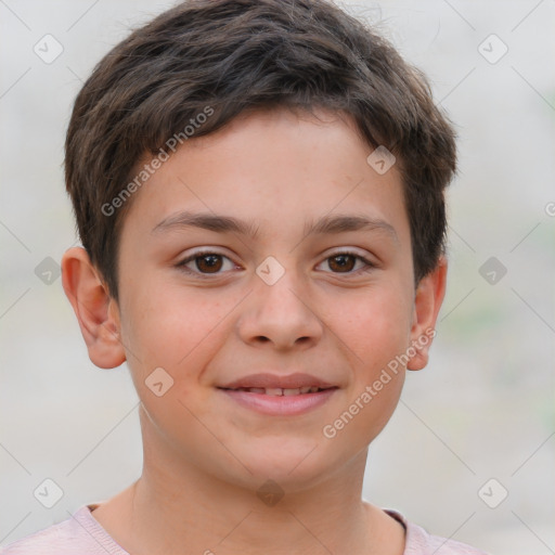 Joyful white child male with short  brown hair and brown eyes