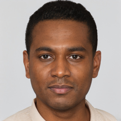 Neutral black young-adult male with short  black hair and brown eyes