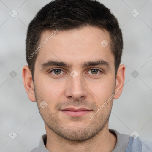 Neutral white young-adult male with short  brown hair and brown eyes