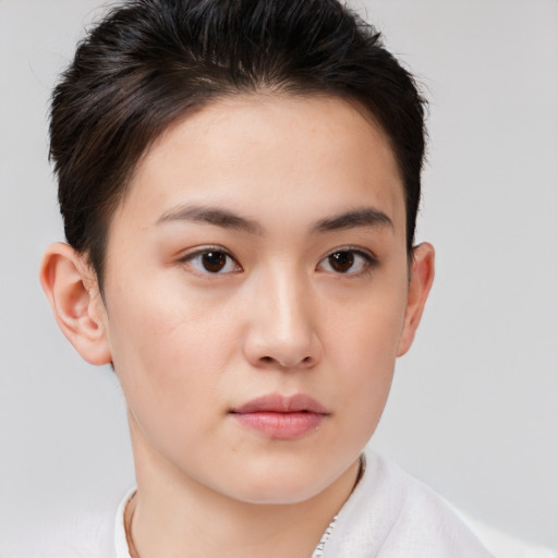 Neutral white young-adult female with short  brown hair and brown eyes