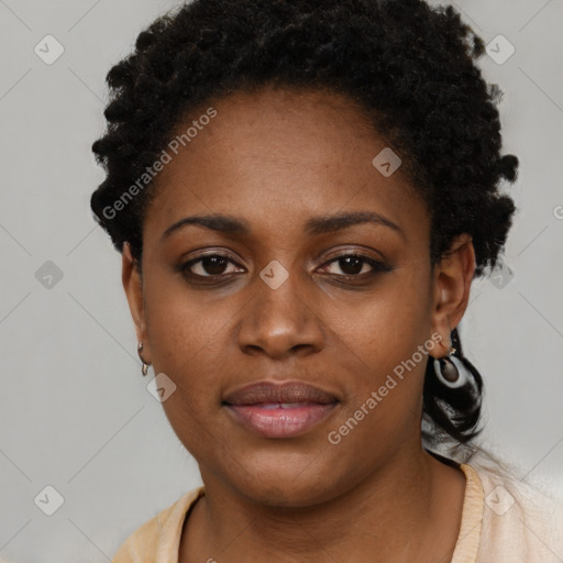 Neutral black young-adult female with short  black hair and brown eyes