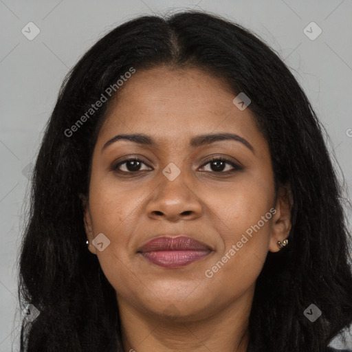 Joyful asian young-adult female with long  brown hair and brown eyes