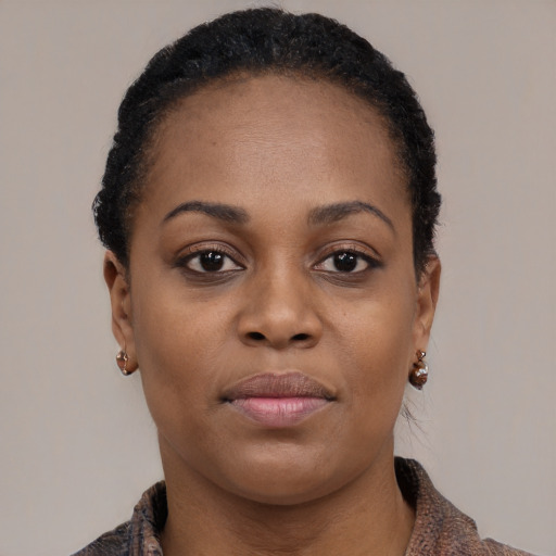 Neutral black young-adult female with short  black hair and brown eyes