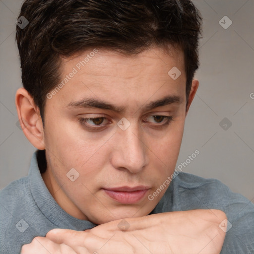 Neutral white young-adult male with short  brown hair and brown eyes