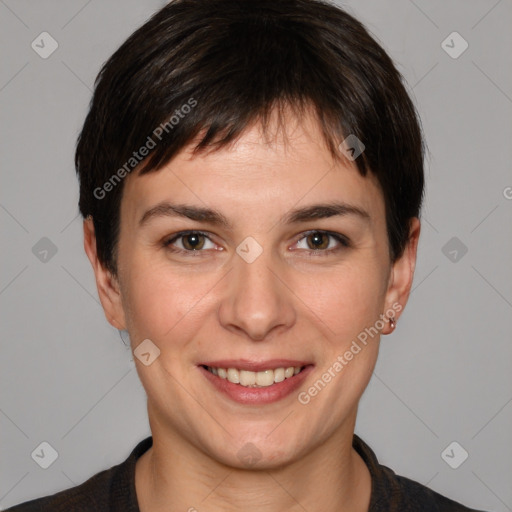 Joyful white young-adult female with short  brown hair and brown eyes