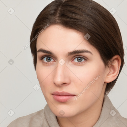 Neutral white young-adult female with medium  brown hair and brown eyes