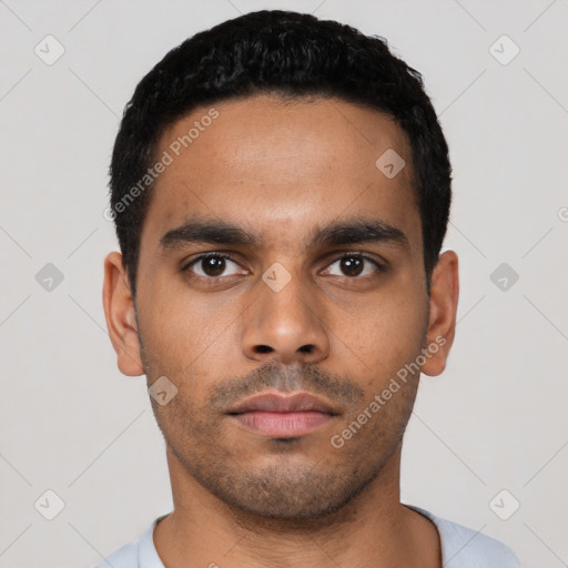 Neutral latino young-adult male with short  black hair and brown eyes