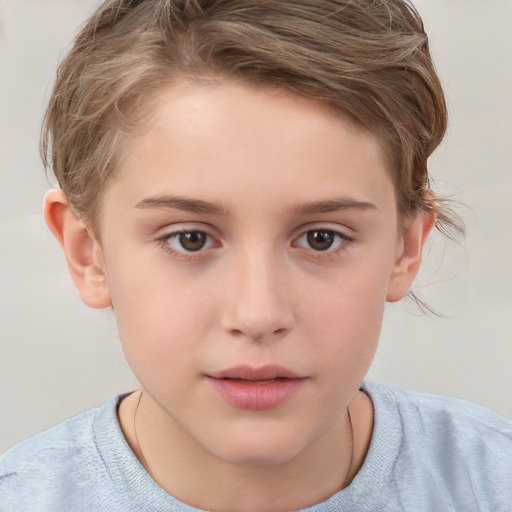 Joyful white child female with short  brown hair and brown eyes