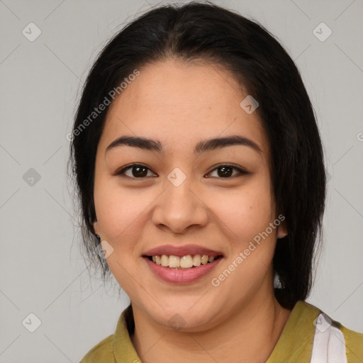 Joyful asian young-adult female with medium  brown hair and brown eyes