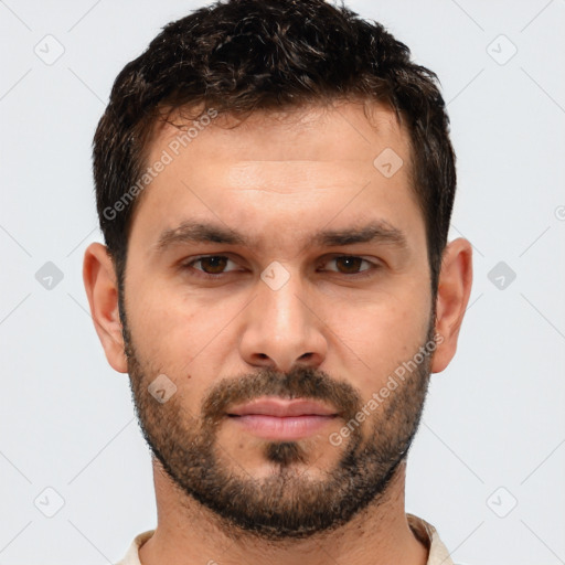 Neutral white young-adult male with short  brown hair and brown eyes