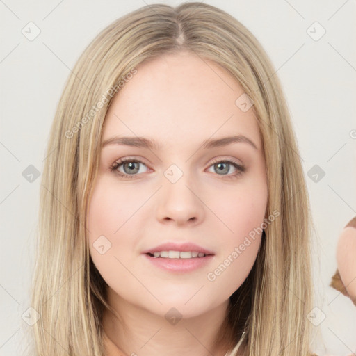 Neutral white young-adult female with long  brown hair and brown eyes