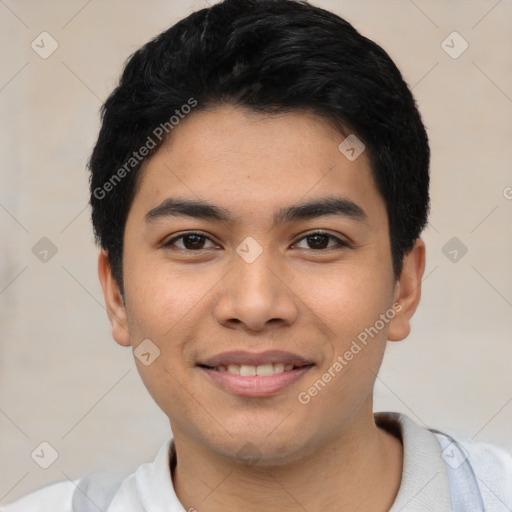 Joyful latino young-adult male with short  black hair and brown eyes