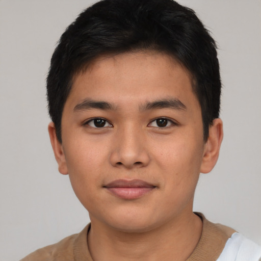 Neutral asian young-adult male with short  brown hair and brown eyes