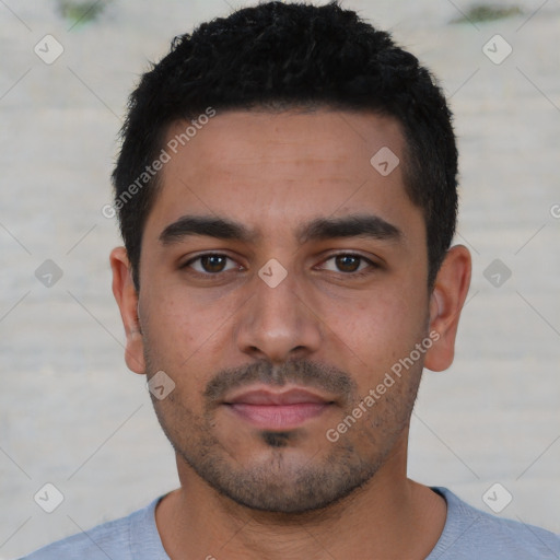 Neutral latino young-adult male with short  black hair and brown eyes