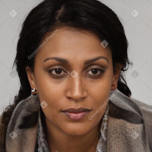 Joyful black young-adult female with long  brown hair and brown eyes