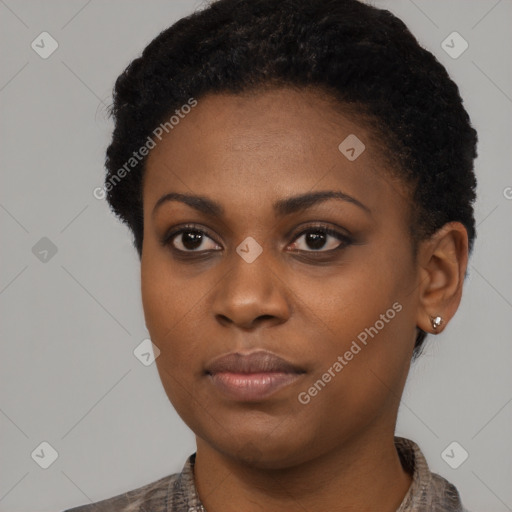 Neutral black young-adult female with short  black hair and brown eyes