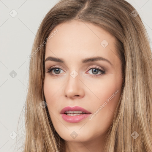 Neutral white young-adult female with long  brown hair and brown eyes