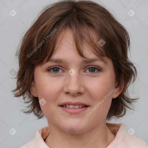 Joyful white young-adult female with medium  brown hair and blue eyes