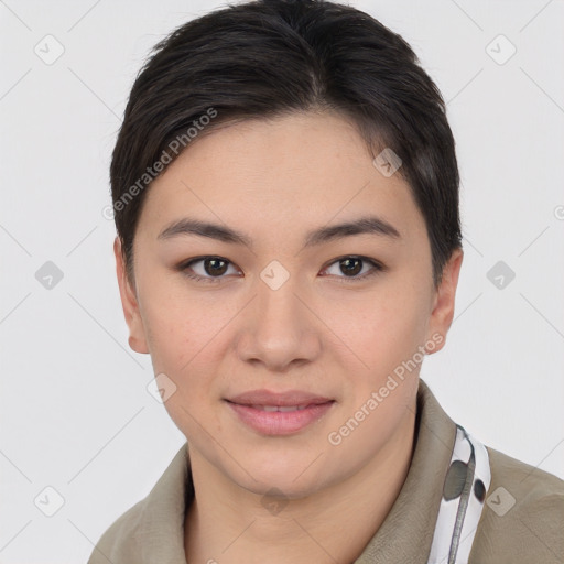 Joyful white young-adult female with short  brown hair and brown eyes