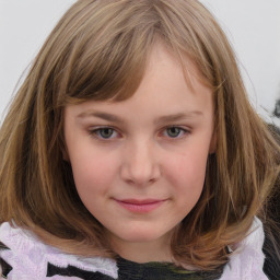 Joyful white child female with medium  brown hair and grey eyes