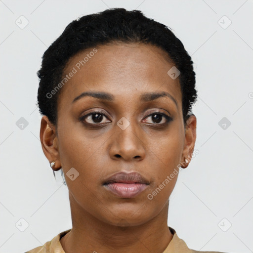 Neutral black young-adult female with short  black hair and brown eyes