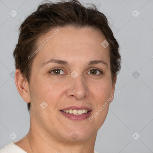 Joyful white adult female with short  brown hair and brown eyes