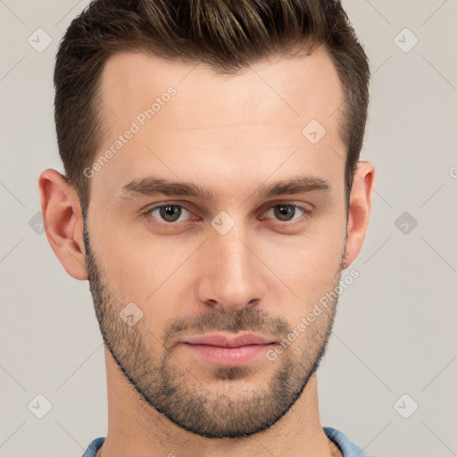 Neutral white young-adult male with short  brown hair and brown eyes