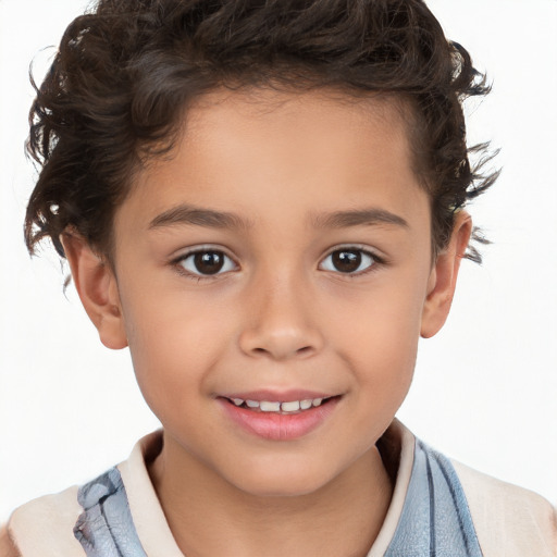 Joyful white child female with short  brown hair and brown eyes