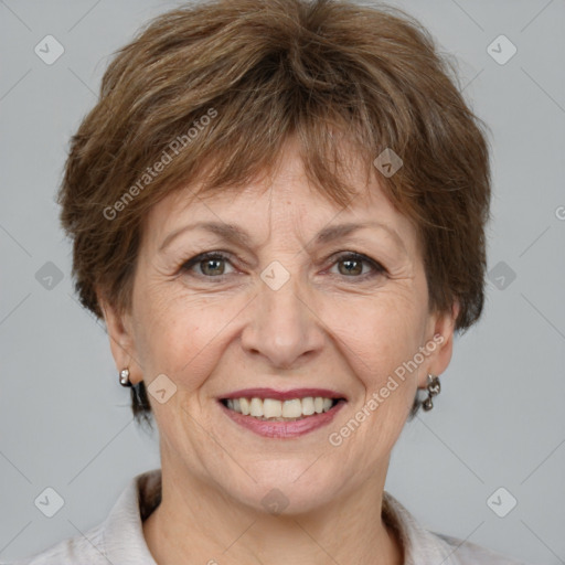 Joyful white adult female with short  brown hair and brown eyes