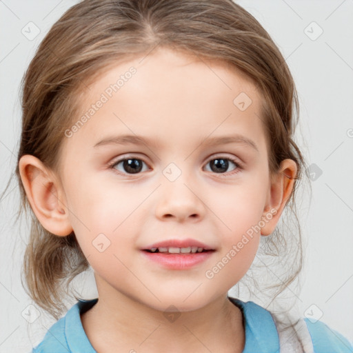 Joyful white child female with medium  brown hair and brown eyes