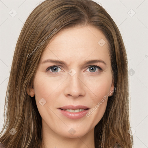 Joyful white young-adult female with long  brown hair and brown eyes