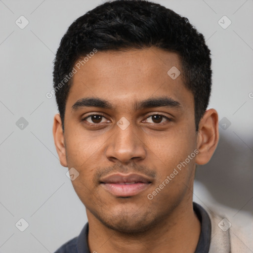 Neutral latino young-adult male with short  black hair and brown eyes